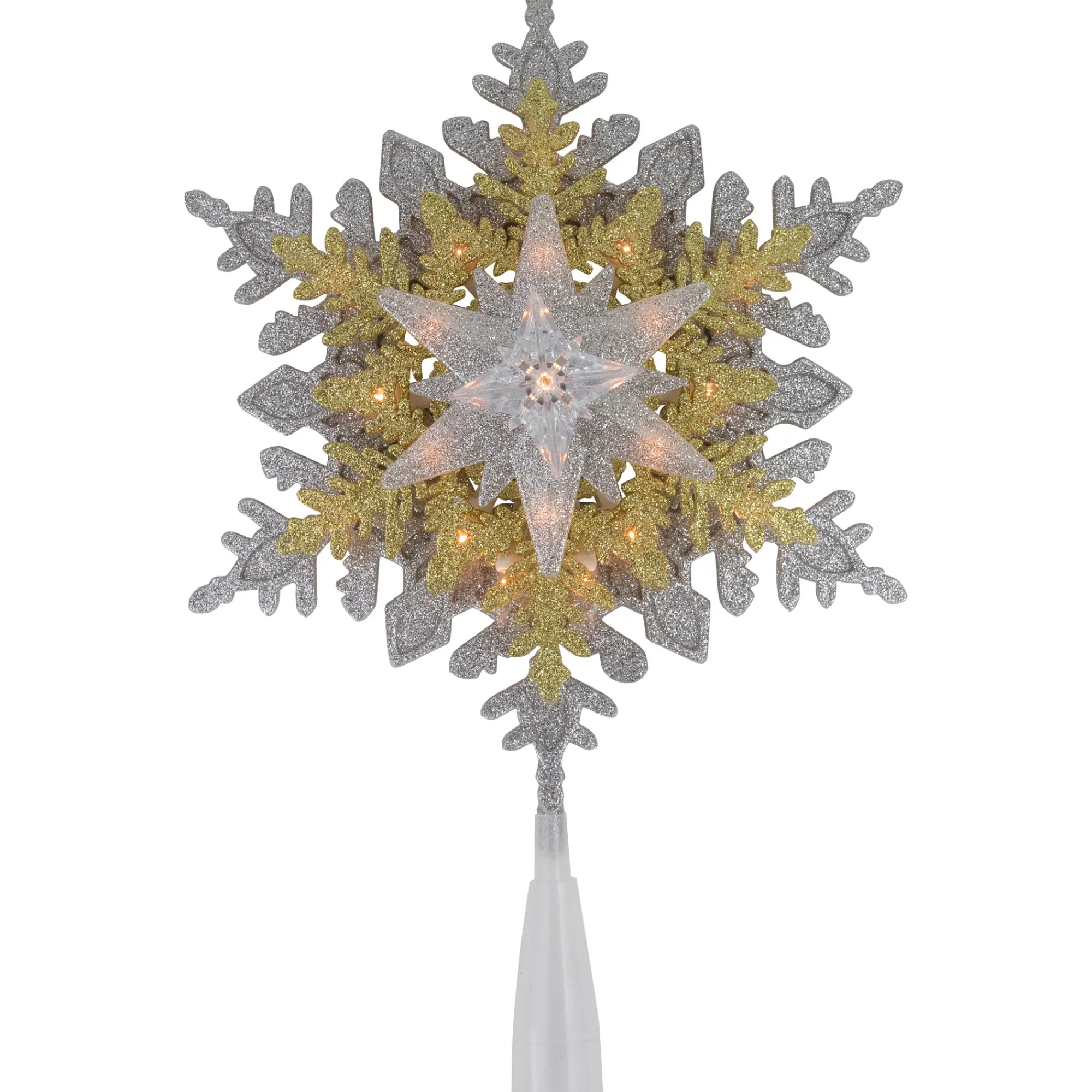 Northlight Snowflake-13.75" Lighted Gold And Silver Snowflake Christmas Tree Topper, Clear Lights