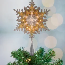 Northlight Snowflake-13.75" Lighted Gold And Silver Snowflake Christmas Tree Topper, Clear Lights