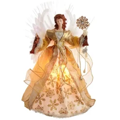KSA Angels-19" Lighted Gold Angel Holding Candle And Snowflake Christmas Tree Topper, Clear Lights