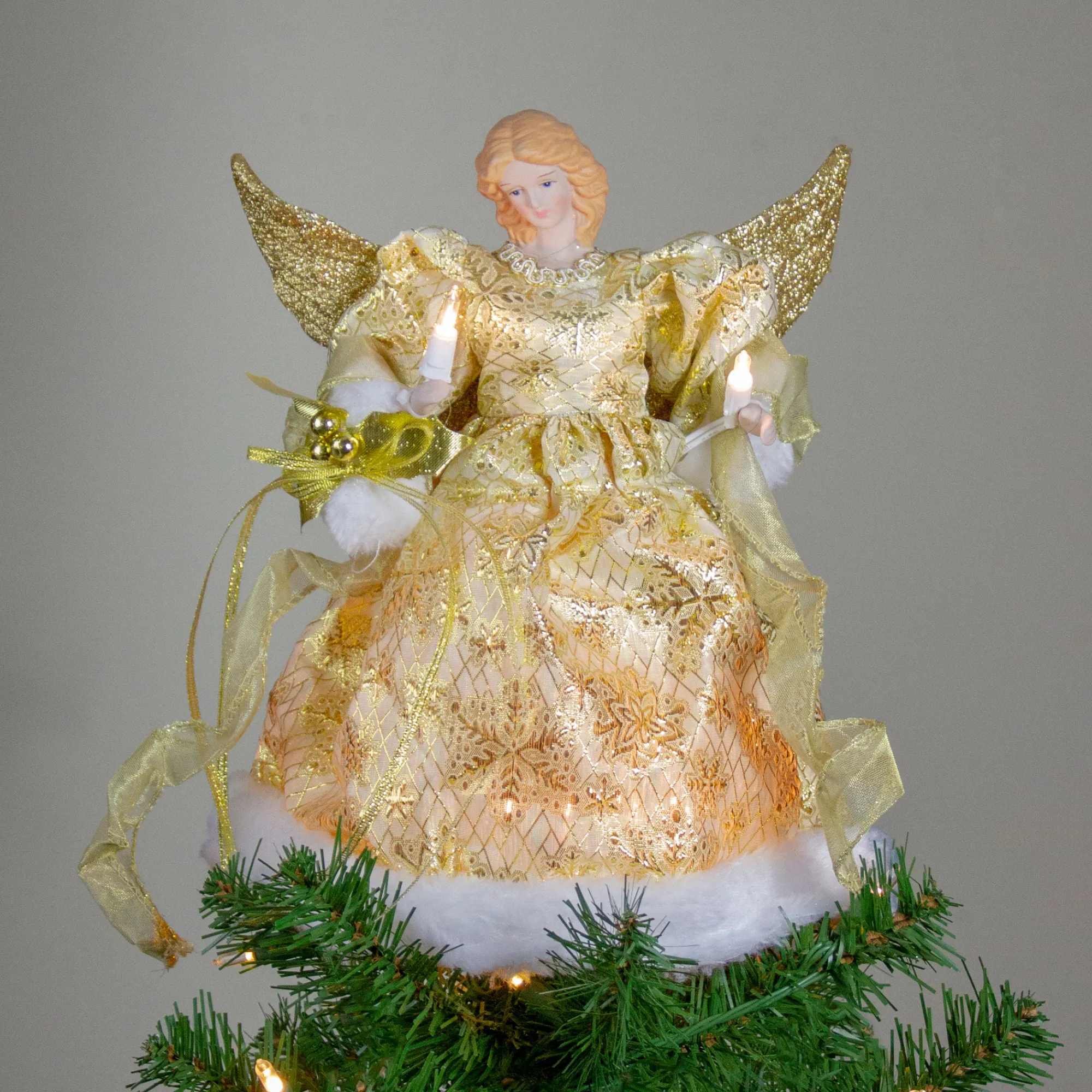 Kurt Adler Angels-12" Lighted Gold Angel With A Snowflakes Christmas Tree Topper - Clear Lights