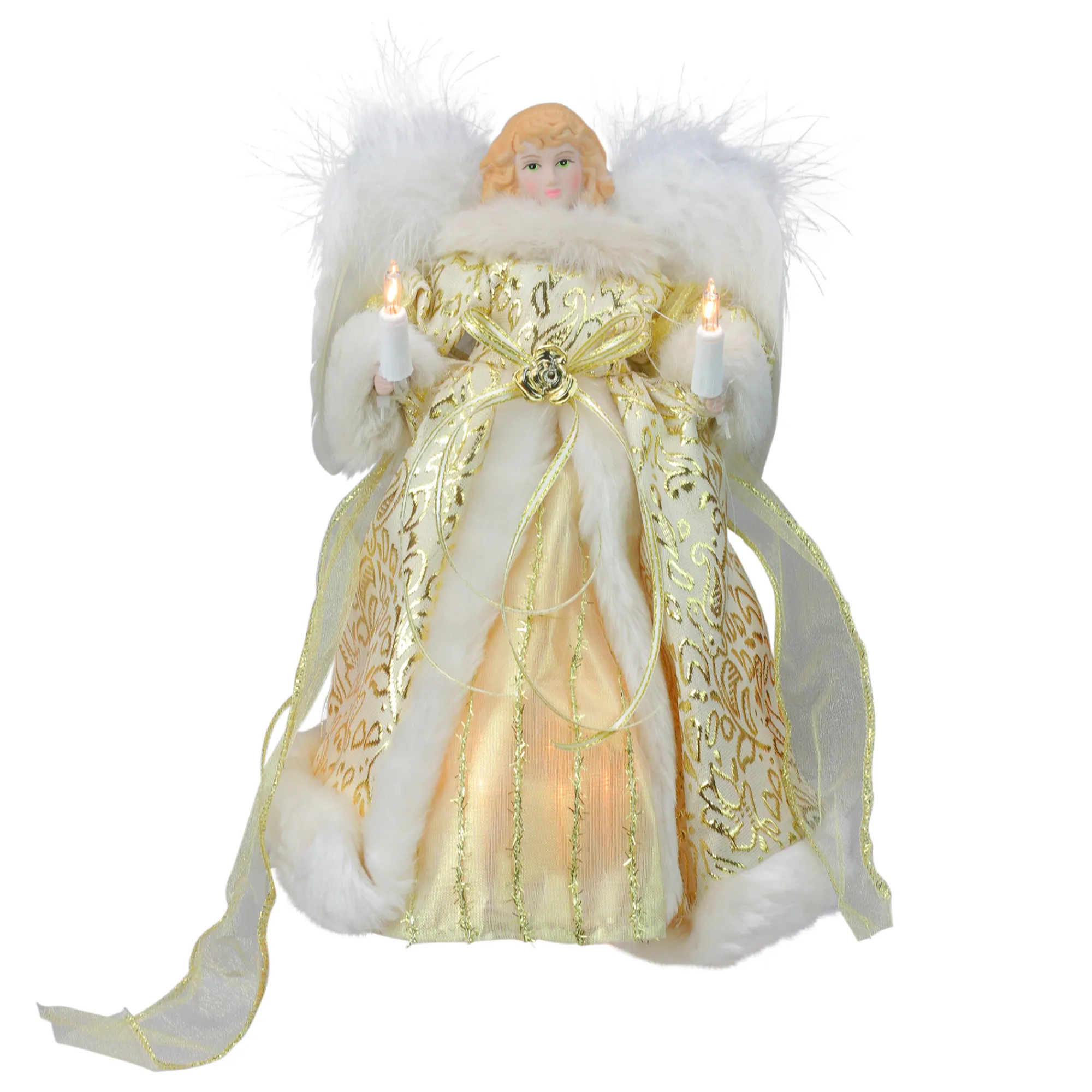 Kurt Adler Angels-10" Lighted Gold Angel With Feathered Wings Christmas Tree Topper - Clear Lights