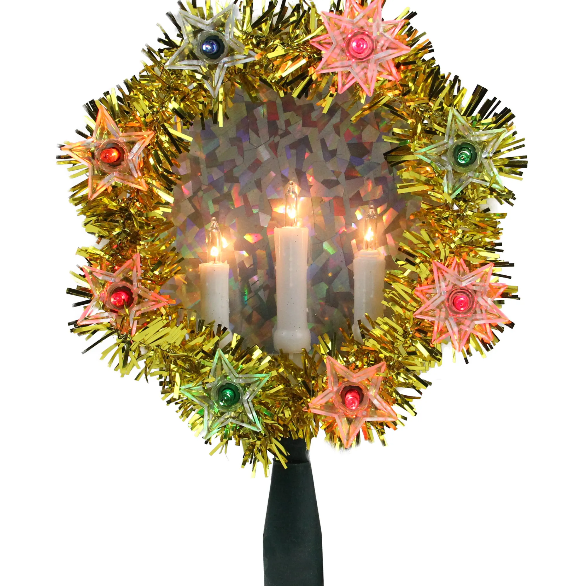 Northlight Stars-7" Lighted Gold Tinsel Wreath With Candles Christmas Tree Topper - Multi Lights