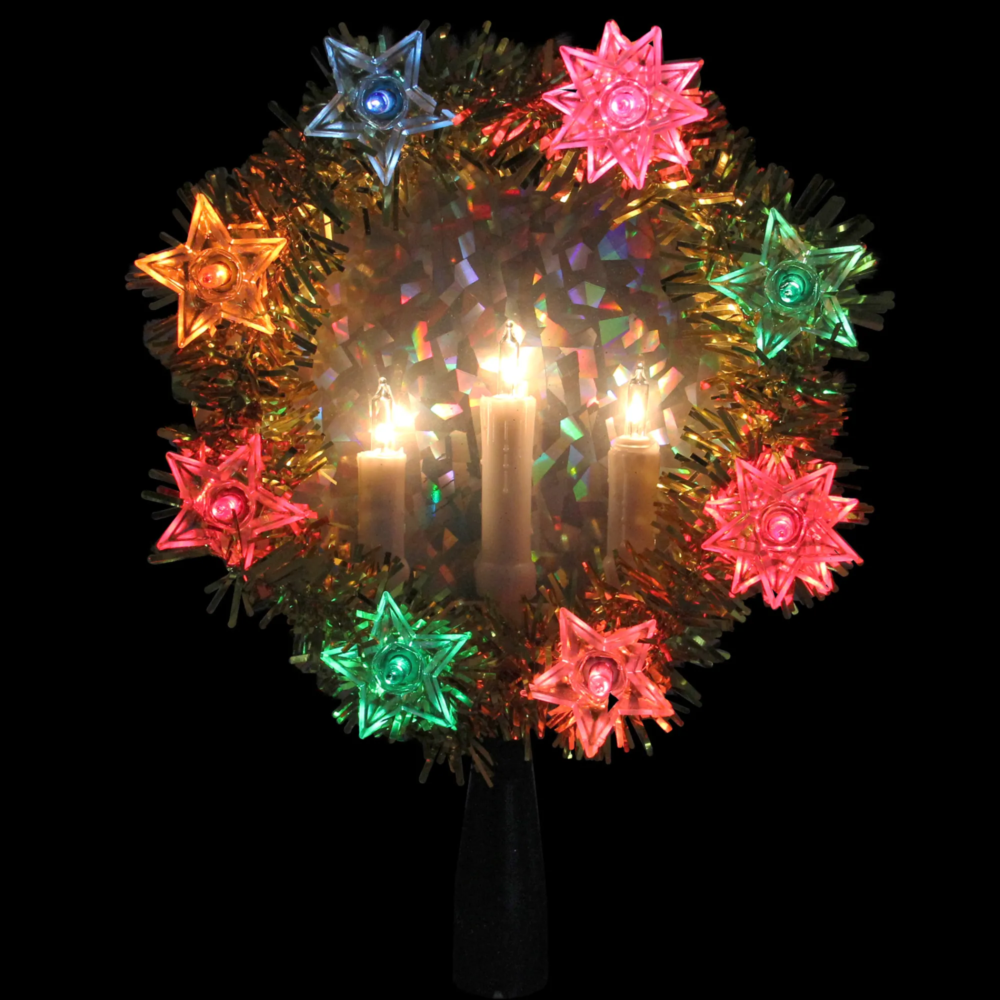 Northlight Stars-7" Lighted Gold Tinsel Wreath With Candles Christmas Tree Topper - Multi Lights