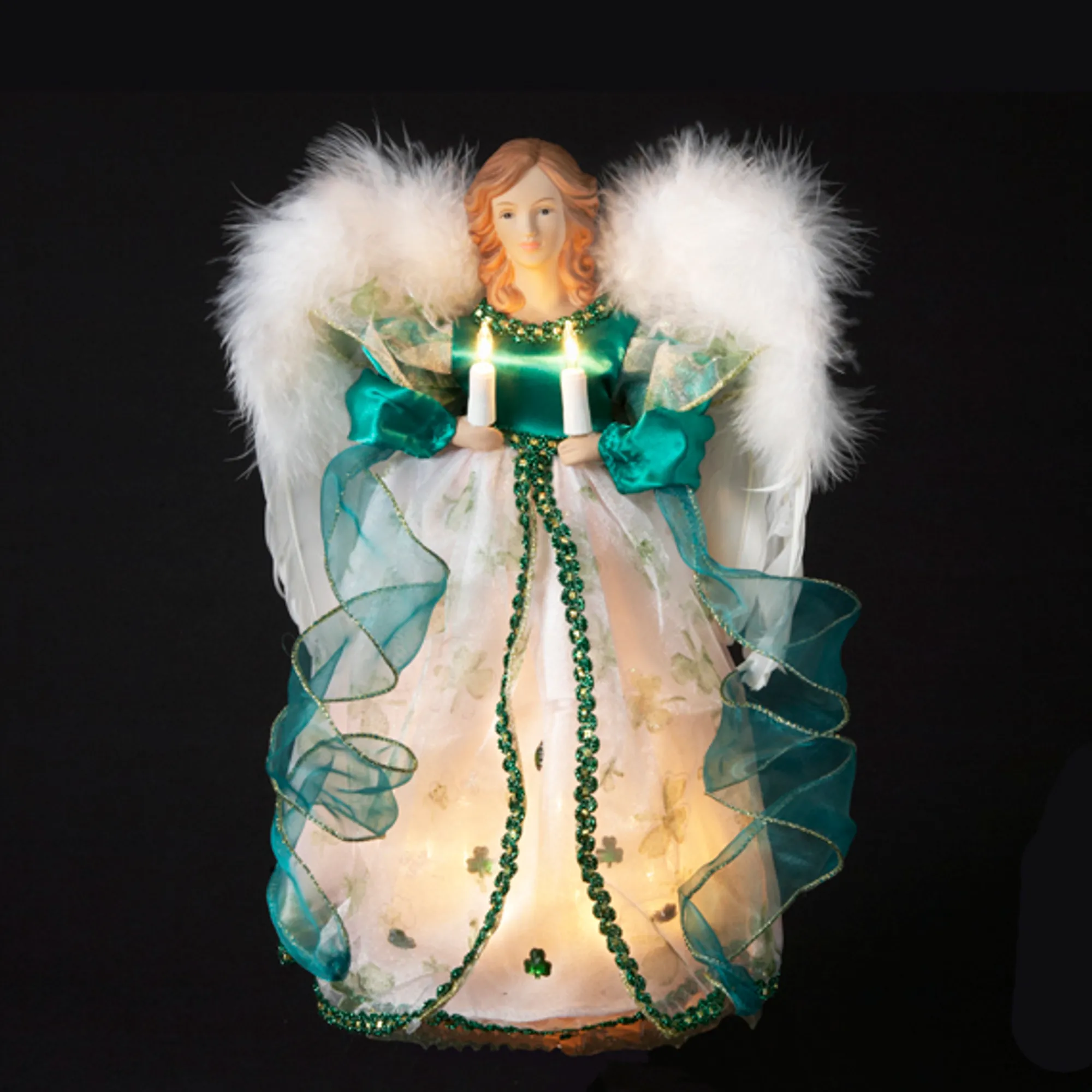 KSA Angels-12" Lighted Ivory And Green Irish Angel Tree Topper - Clear Lights