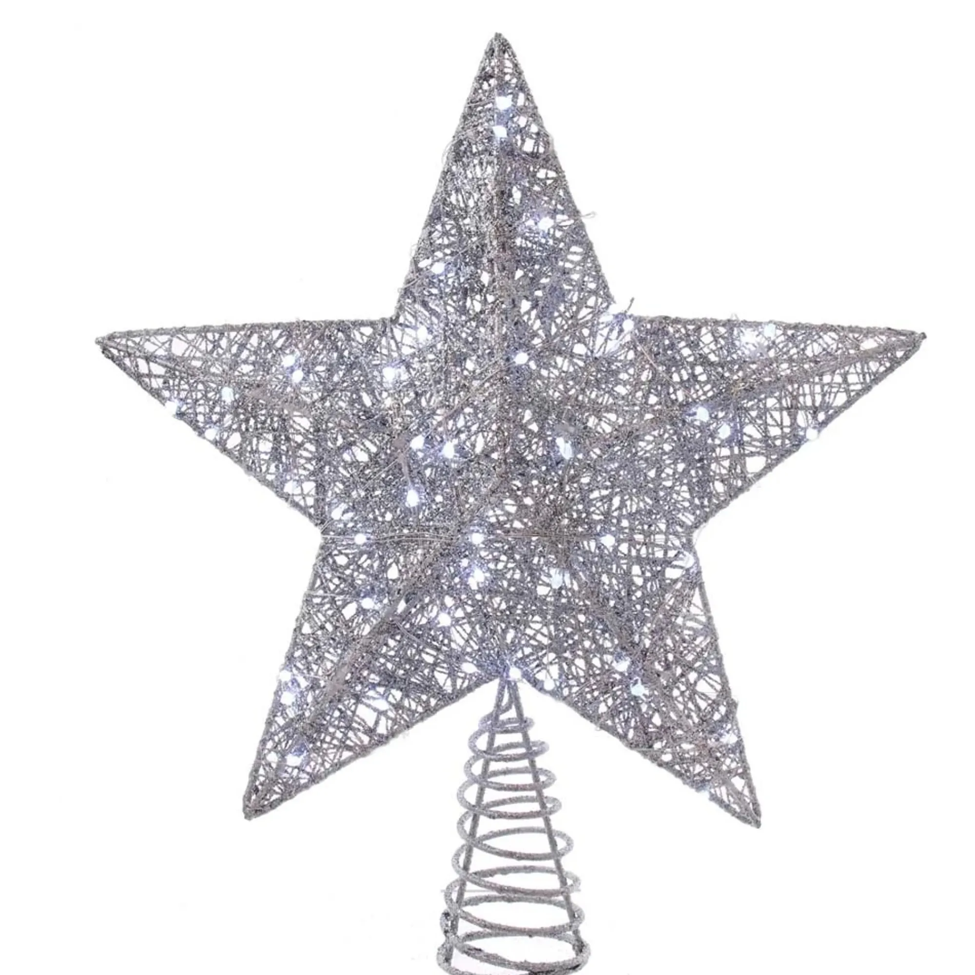 KSA Stars-15.5" Lighted Led Silver Glittered Star Christmas Tree Topper, Cool White Lights