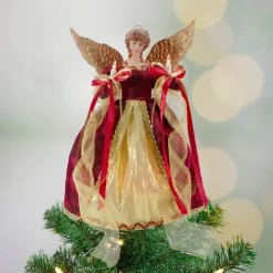 Northlight Angels-13.5" Lighted Red And Gold Angel With Wings Christmas Tree Topper - Clear Lights
