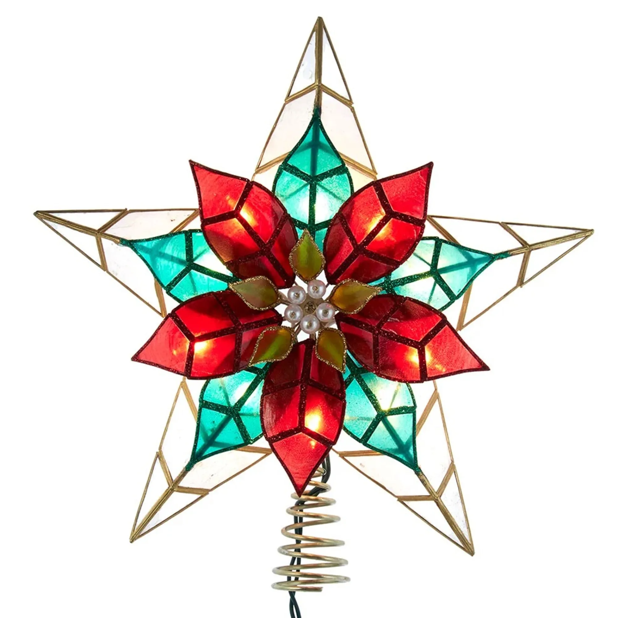 KSA Stars-13" Lighted Red And Gold Poinsettia Star Christmas Tree Topper, Multicolor Lights