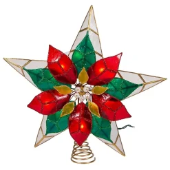 KSA Stars-13" Lighted Red And Gold Poinsettia Star Christmas Tree Topper, Multicolor Lights