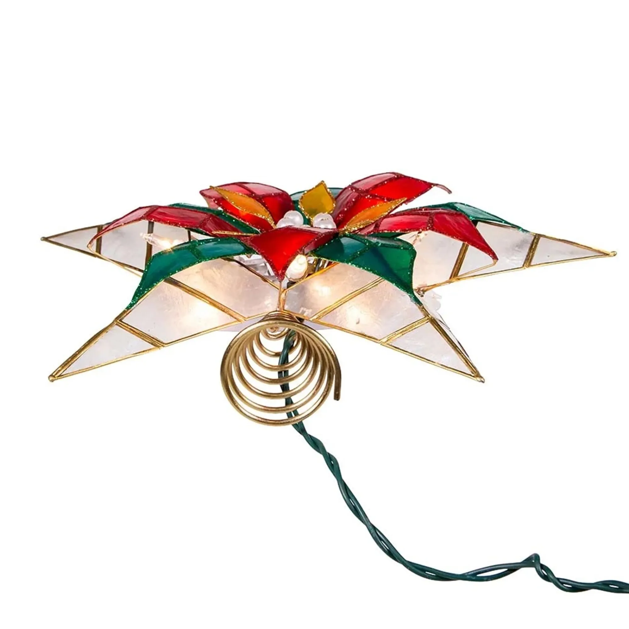 KSA Stars-13" Lighted Red And Gold Poinsettia Star Christmas Tree Topper, Multicolor Lights