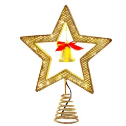 KSA Stars-12.25" Lighted Red And Gold Star With Bell Christmas Tree Topper, Warm White Lights