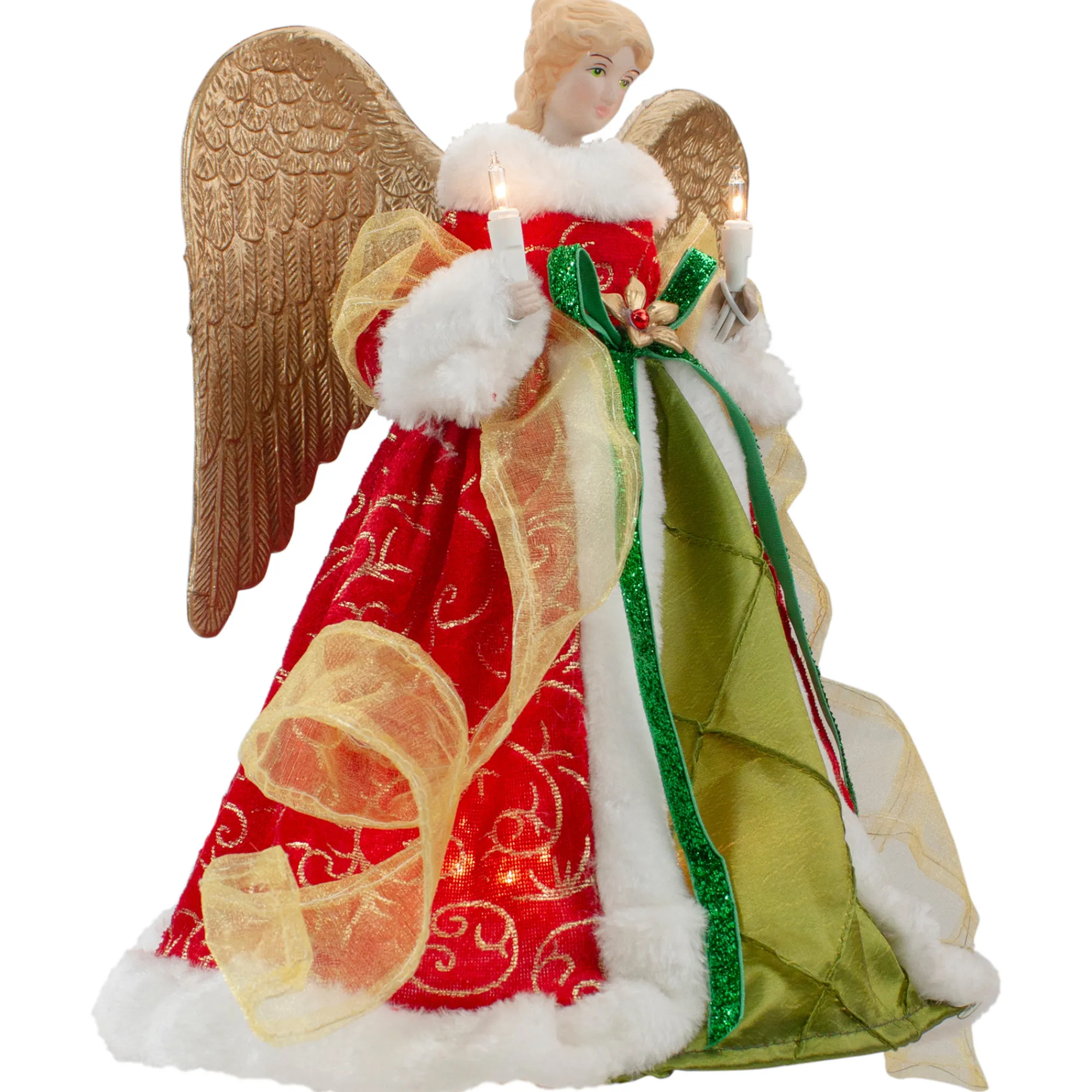 Northlight Angels-12" Lighted Red And Green Angel With Wings Christmas Tree Topper - Clear Lights