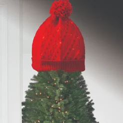 Contemporary Home Living Stars-12" Lighted Red Led Knit Cap Christmas Tree Topper, Clear Lights