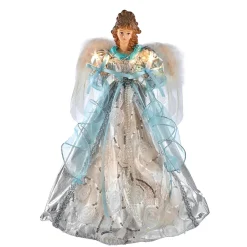 KSA Stars-16" Lighted Silver And Blue Angel With Ribbon Christmas Tree Topper, Clear Lights