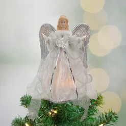 Northlight Angels-12" Lighted Silver And White Angel With Wings Christmas Tree Topper - Clear Lights