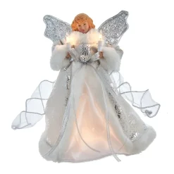 KSA Angels-10.25" Lighted Silver And White Angel Christmas Tree Topper, Clear Lights