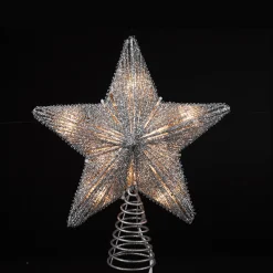 KSA Stars-9.75" Lighted Silver Glittered Star Christmas Tree Topper - Clear Lights