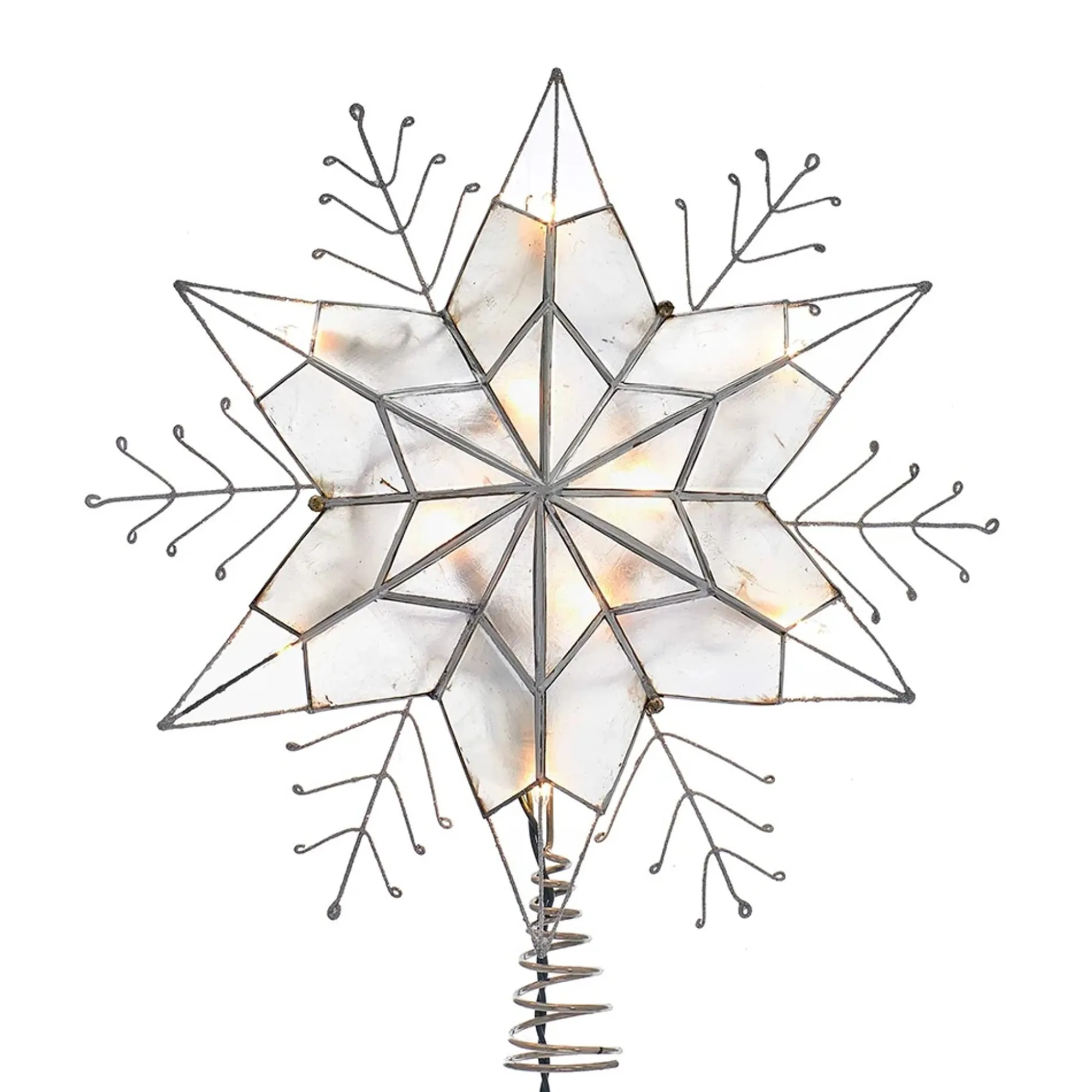 KSA Stars-14" Lighted Silver Snowflake Star Christmas Tree Topper, Clear Lights