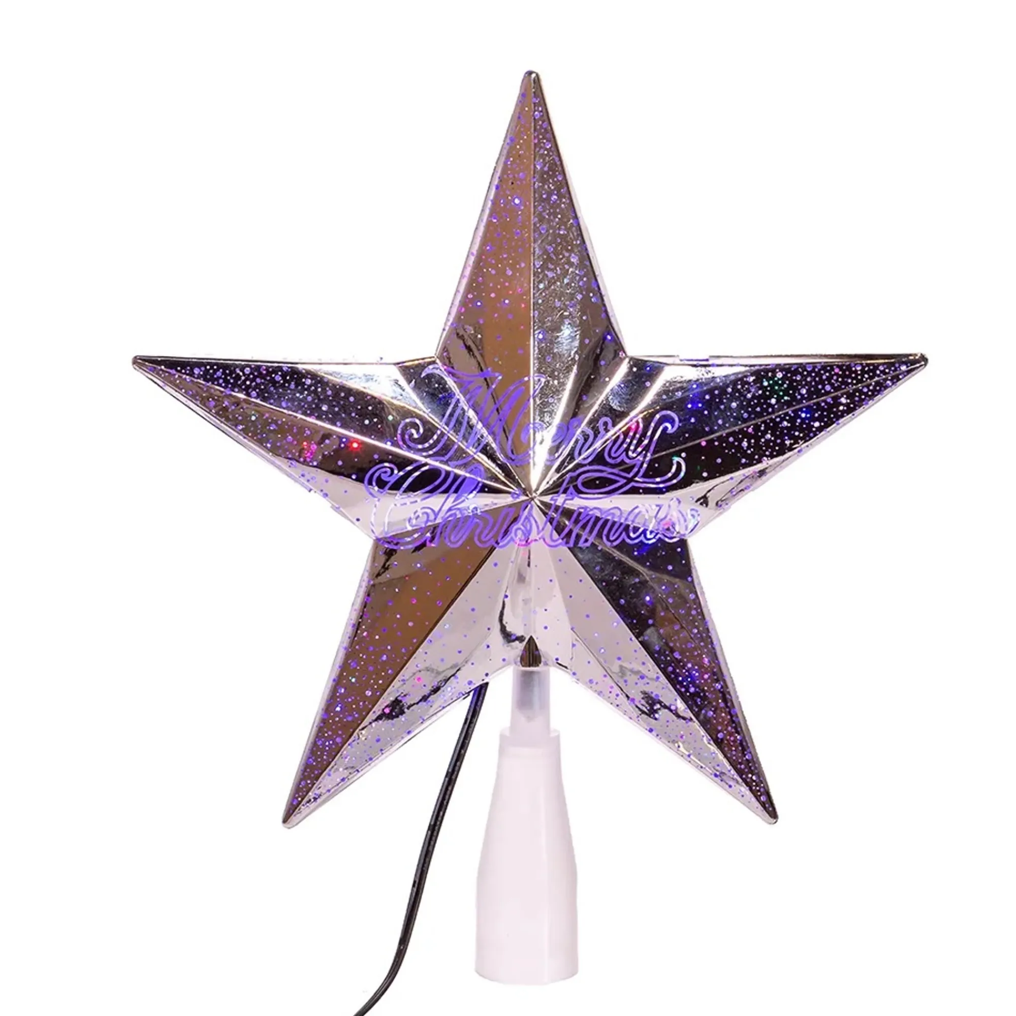 KSA Stars-11.25" Lighted Silver Star Christmas Tree Topper, Clear Lights