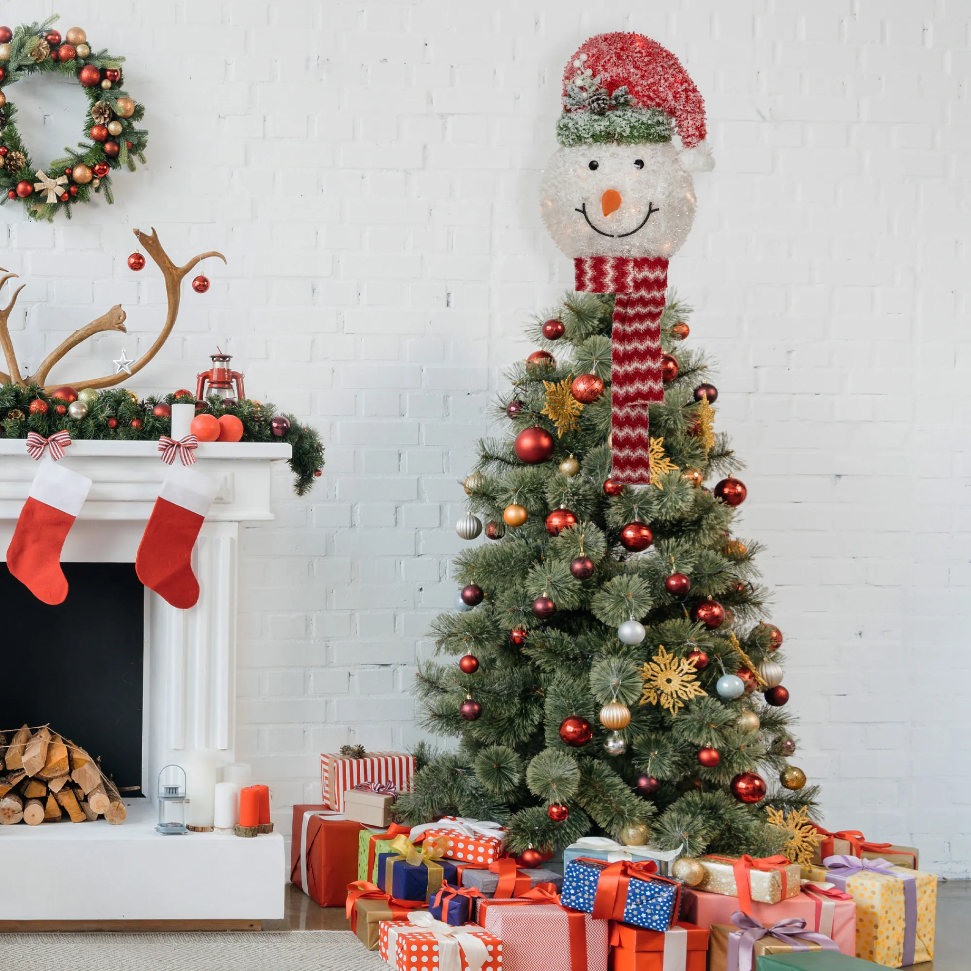 Northlight Stars-22" Lighted Snowman Wearing A Red Frosted Hat With Pine Christmas Tree Topper