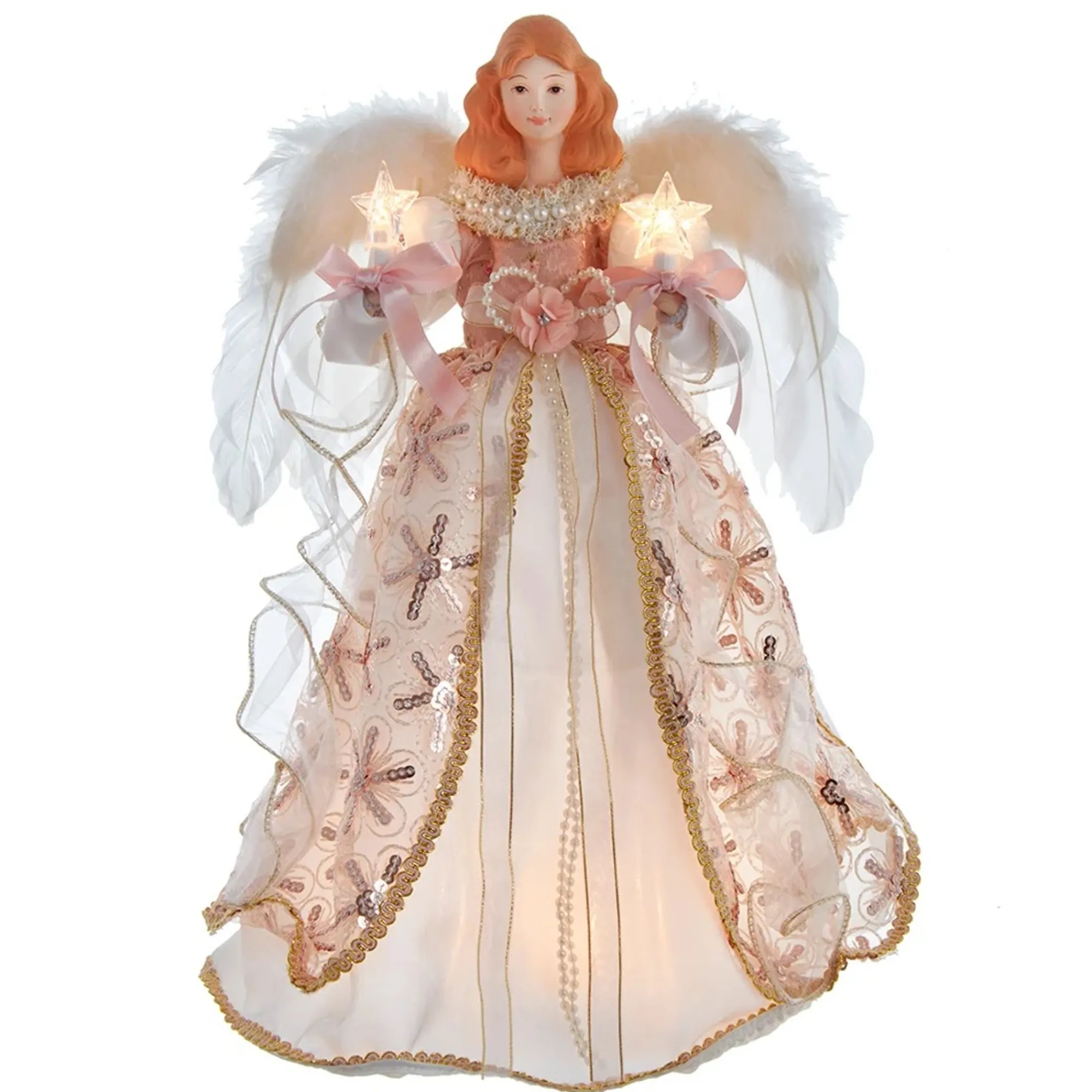 KSA Stars-18" Lighted White And Beige Boho Chic Angel Christmas Tree Topper, Clear Lights
