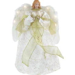 Northlight Angels-14" Lighted White And Gold Angel In A Dress Christmas Tree Topper - Warm White Lights