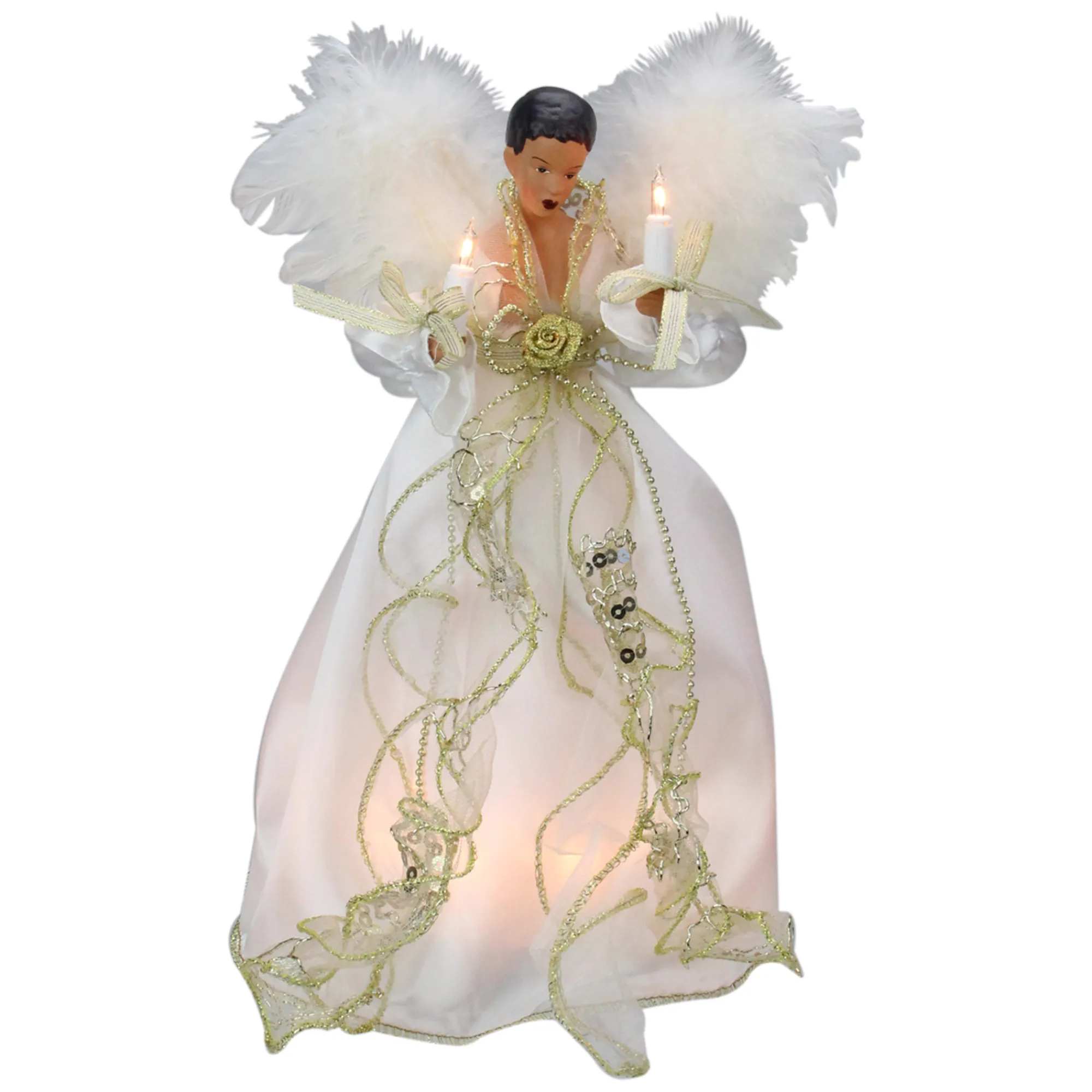 Kurt Adler Angels-12" Lighted White And Gold African American Angel With Wings Christmas Tree Topper - Clear Lights - 33752039