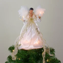 Kurt Adler Angels-12" Lighted White And Gold African American Angel With Wings Christmas Tree Topper - Clear Lights - 33752039