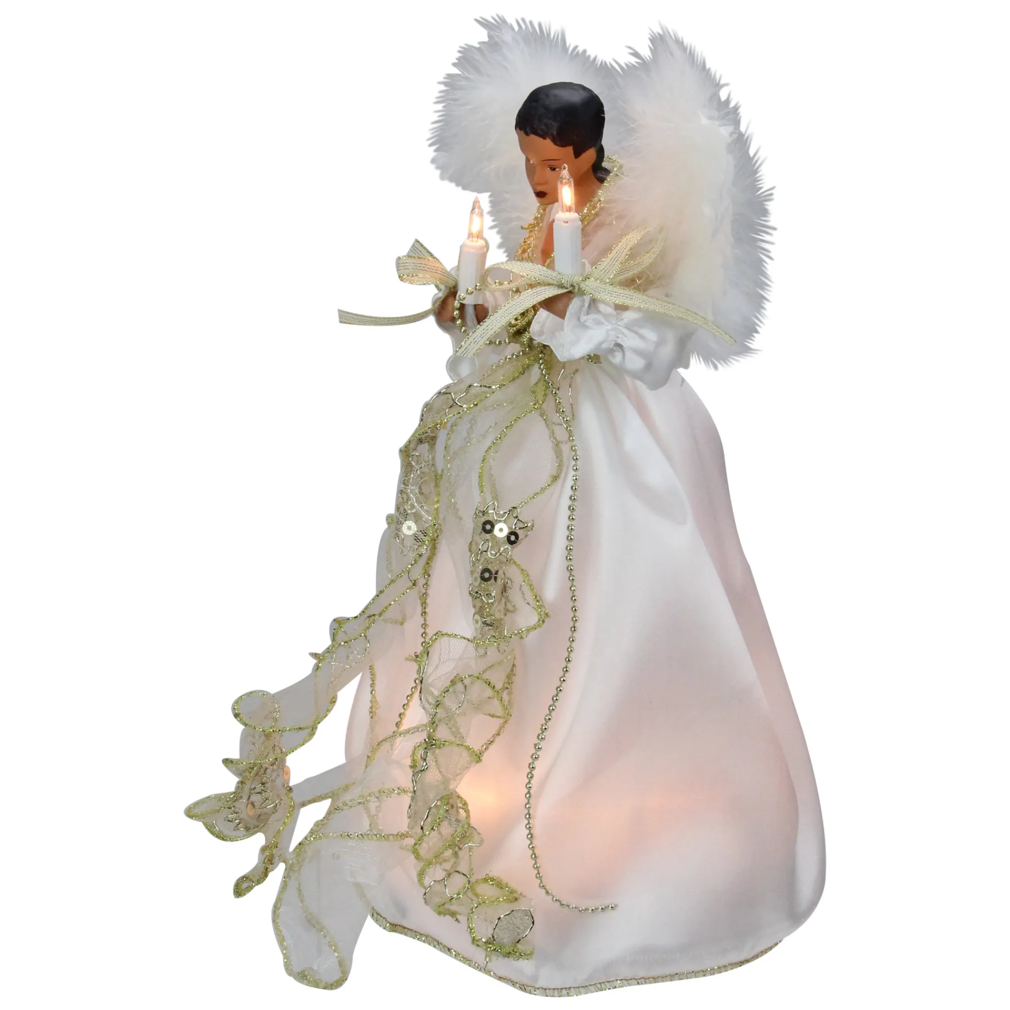 Kurt Adler Angels-12" Lighted White And Gold African American Angel With Wings Christmas Tree Topper - Clear Lights - 33752039