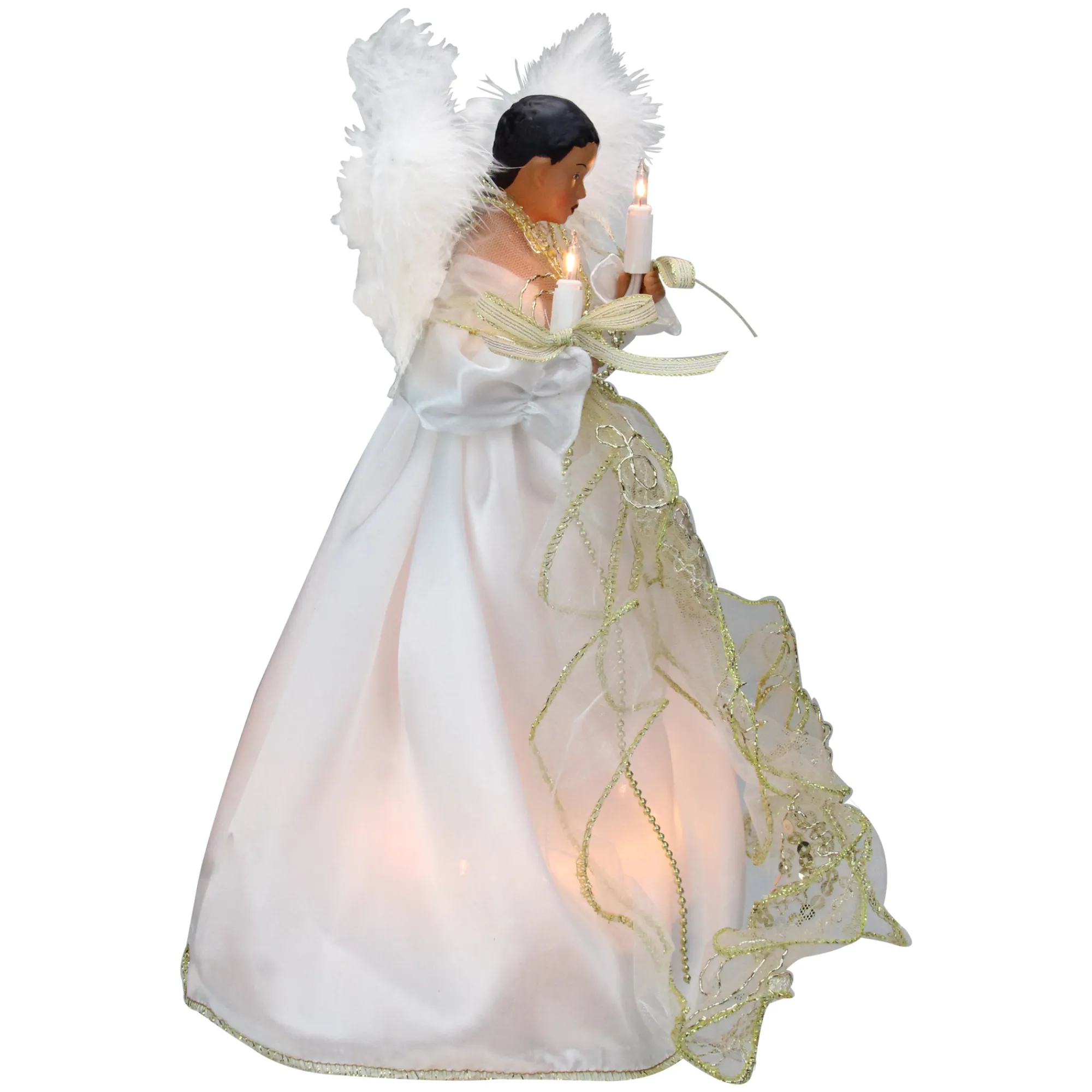 Kurt Adler Angels-12" Lighted White And Gold African American Angel With Wings Christmas Tree Topper - Clear Lights - 33752039