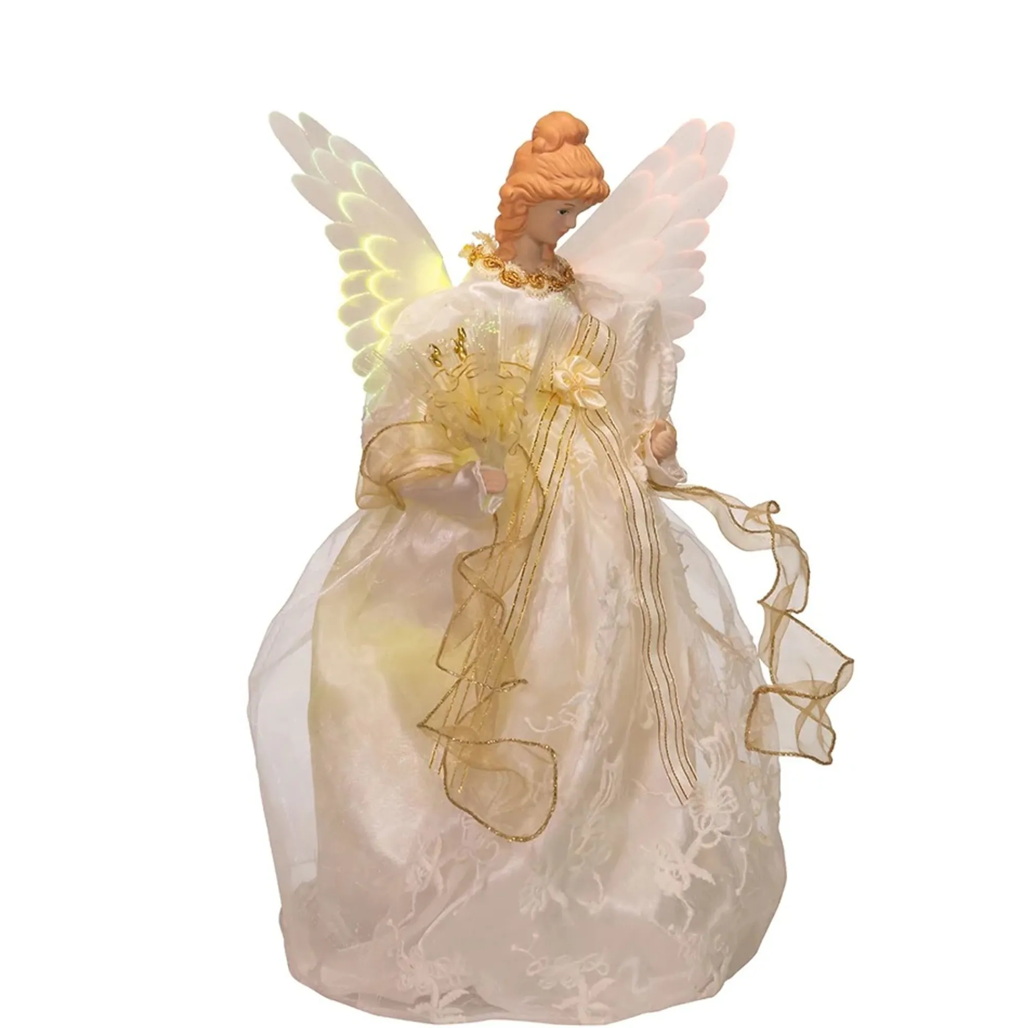 KSA Stars-16.25" Lighted White And Gold Angel Design Christmas Tree Topper, Warm White Lights