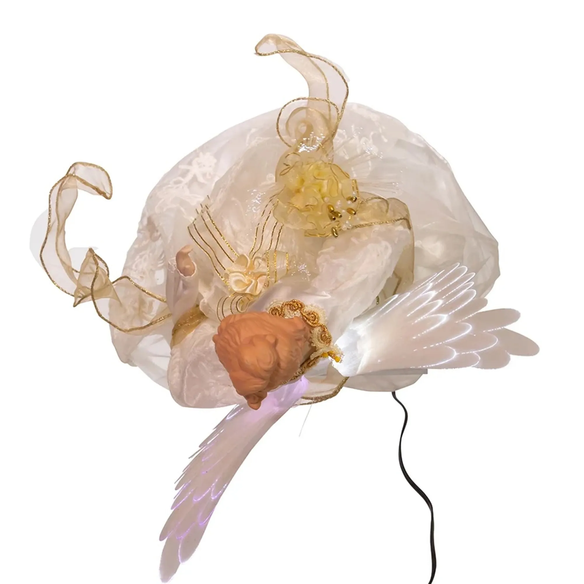 KSA Stars-16.25" Lighted White And Gold Angel Design Christmas Tree Topper, Warm White Lights