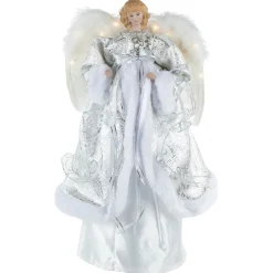 Northlight Angels-18" Lighted White And Silver Angel In A Dress Christmas Tree Topper - Warm White Lights