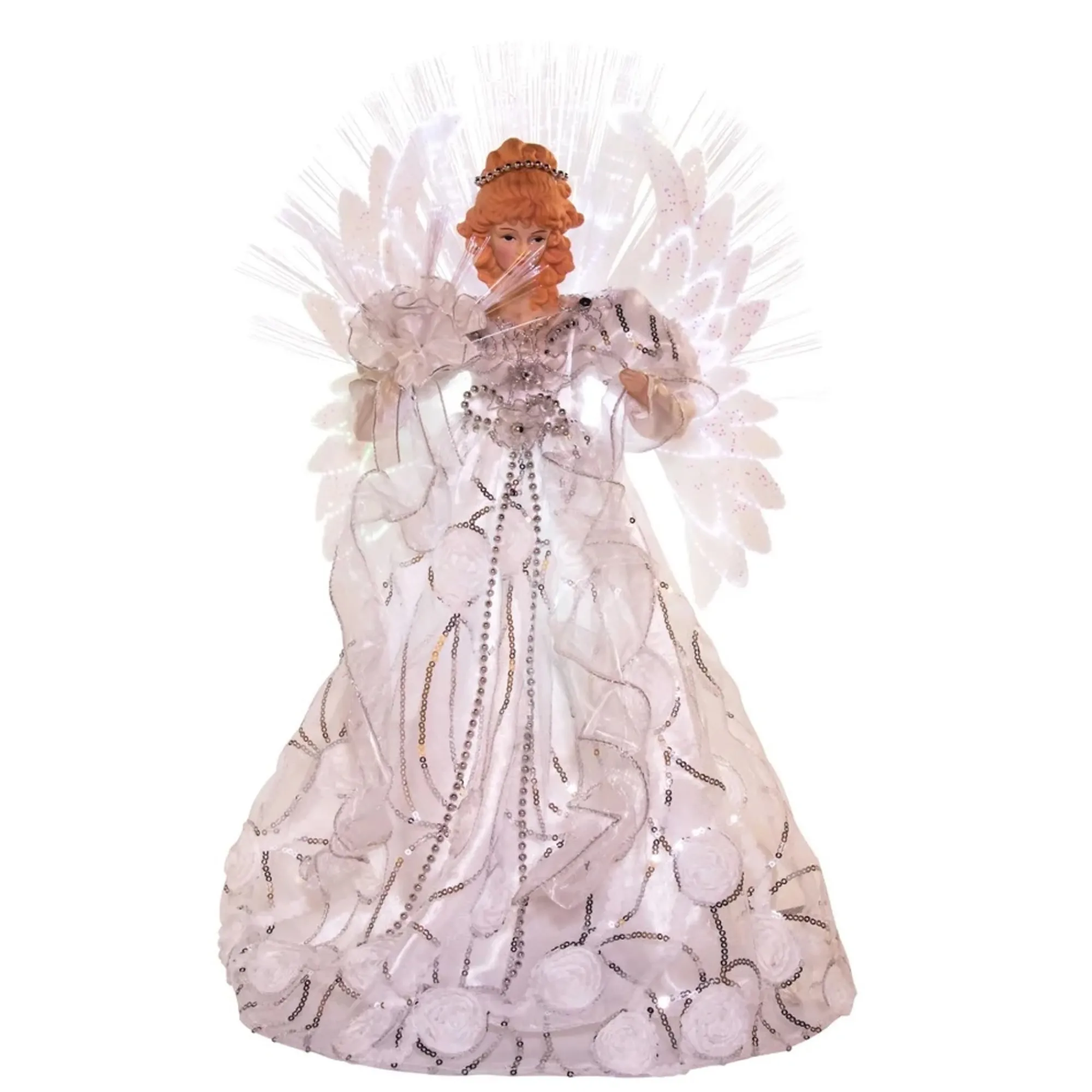 KSA Stars-19.25" Lighted White And Silver Angel Christmas Tree Topper, Multicolor Led Lights