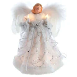 KSA Stars-12.25" Lighted White And Silver Angel Christmas Tree Topper, Clear Lights