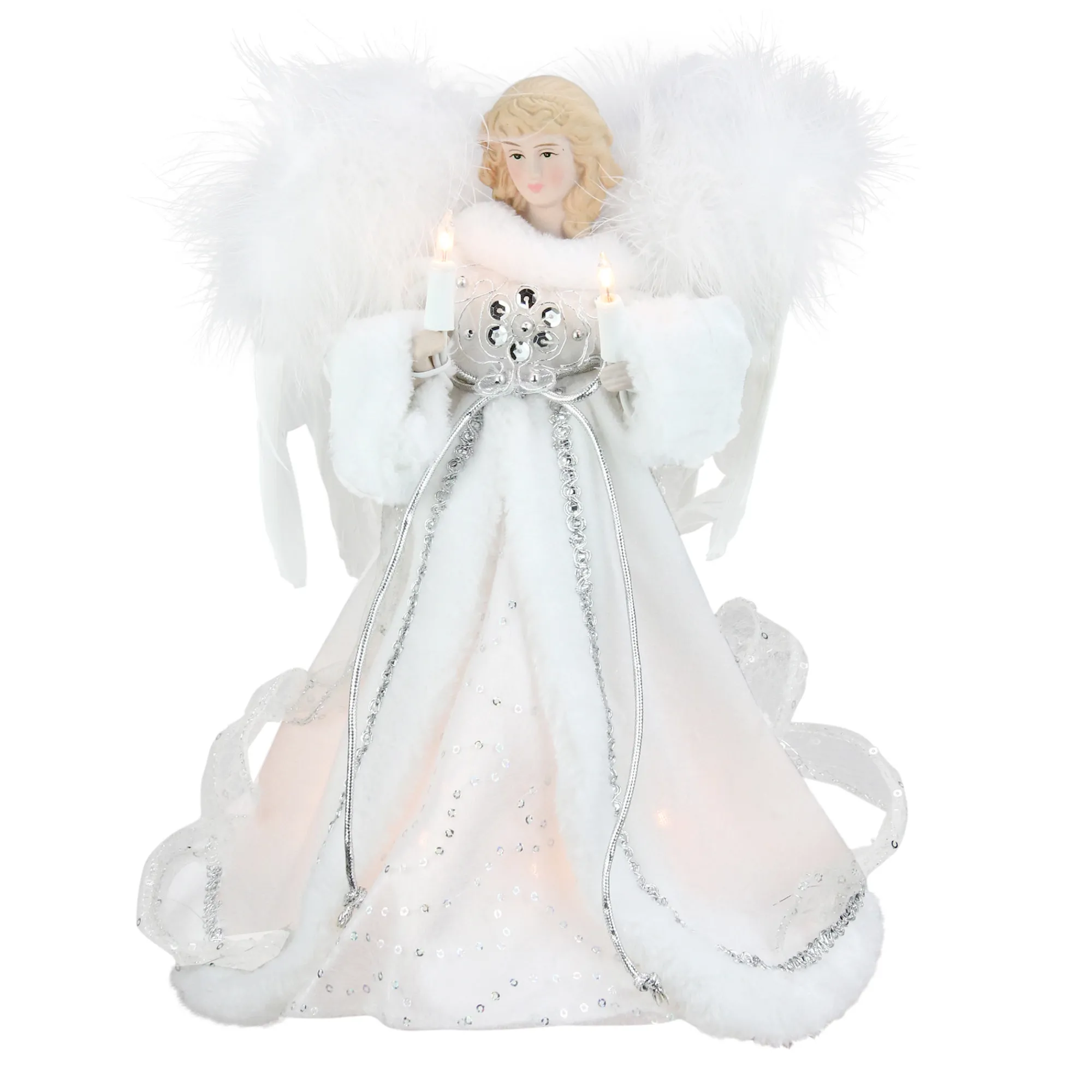 Kurt Adler Angels-12" Lighted White And Silver Sequin Angel Christmas Tree Topper - Clear Lights