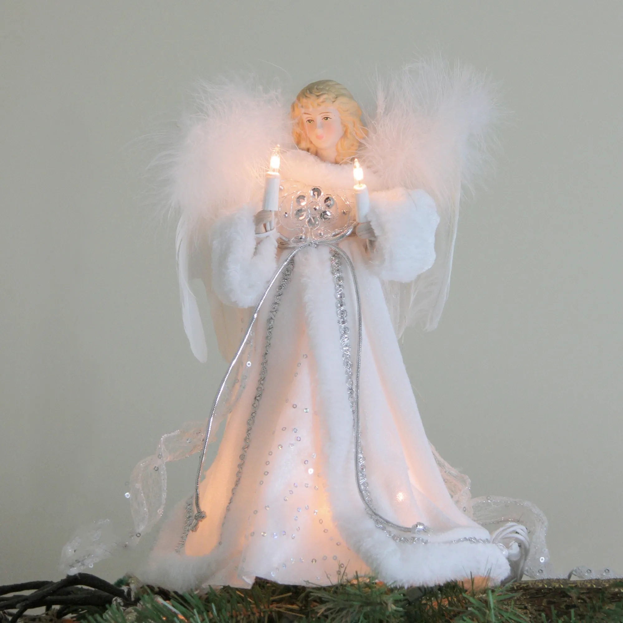 Kurt Adler Angels-12" Lighted White And Silver Sequin Angel Christmas Tree Topper - Clear Lights