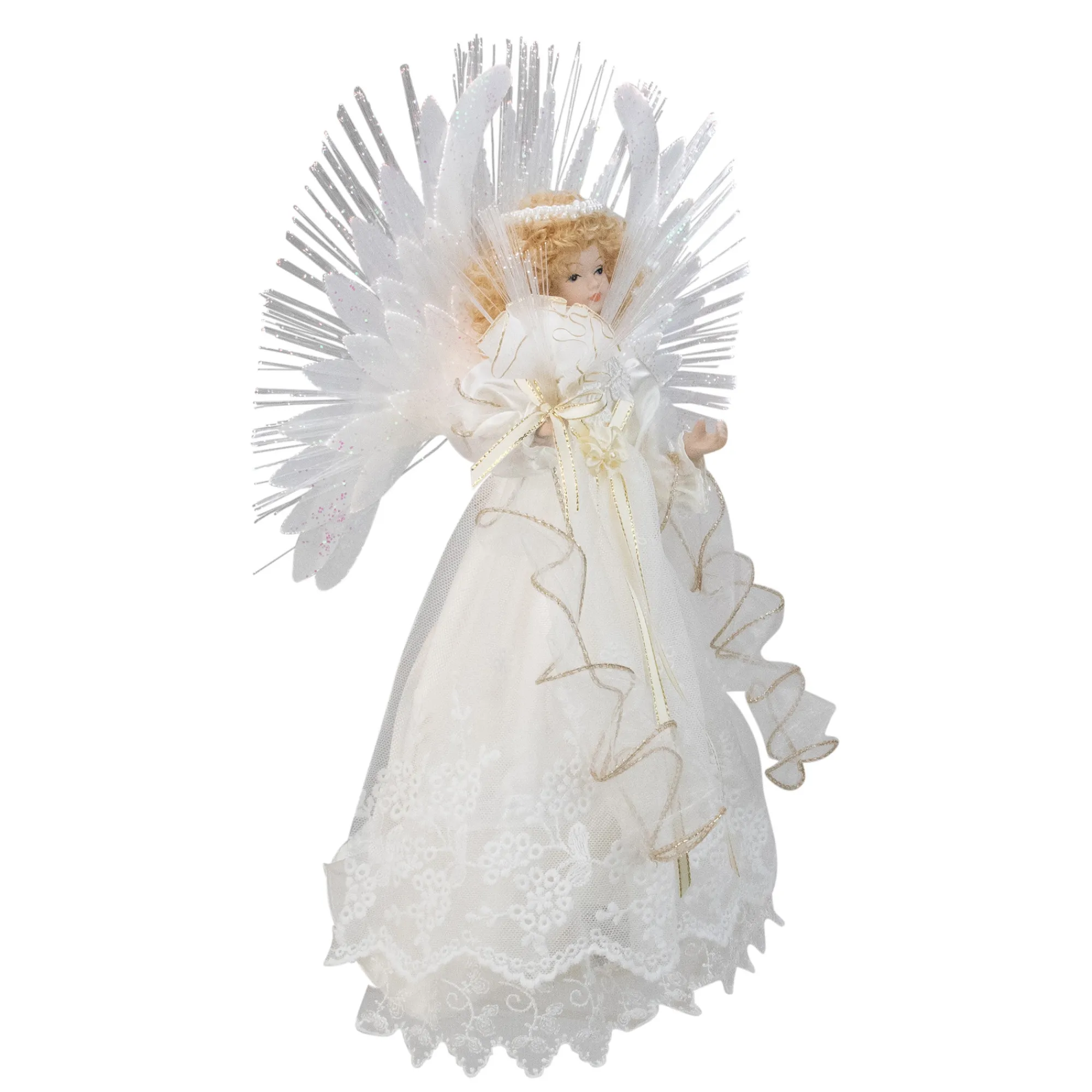 Kurt Adler Angels-14" Lighted White Fiber Optic Floral Angel Christmas Tree Topper - Multi-Color Led Lights
