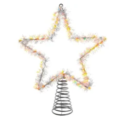 KSA Stars-10.5" Lighted Yellow And Silver Tinsel Star Christmas Tree Topper, Warm White Lights