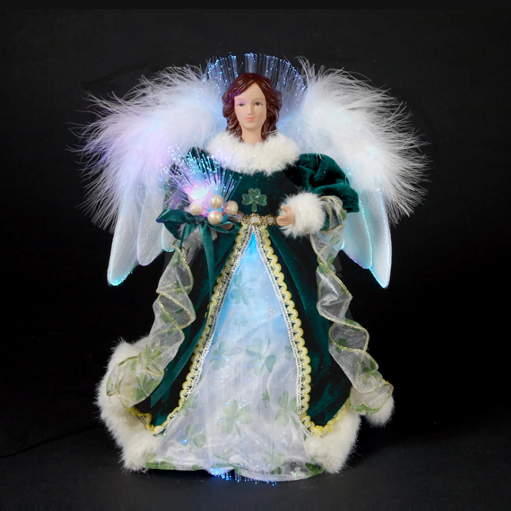 KSA Stars-12" Luck Of The Irish Fiber Optic Angel In Shamrock Dress Christmas Tree Topper