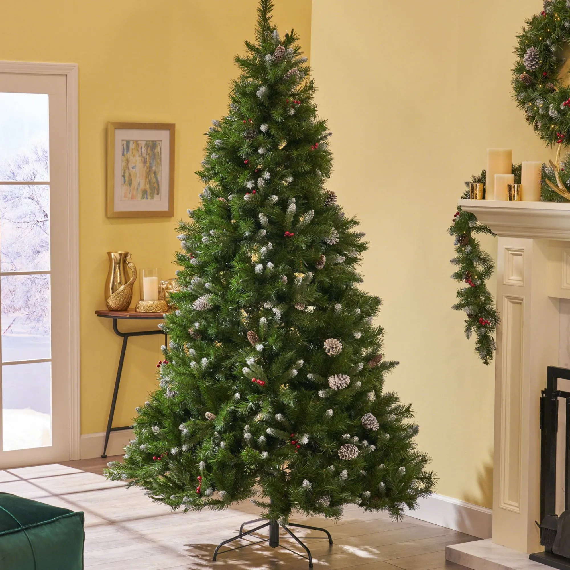 Contemporary Home Living Unlit-7' Medium Mixed Spruce Artificial Christmas Tree With Berries And Frosted Pinecones - Unlit