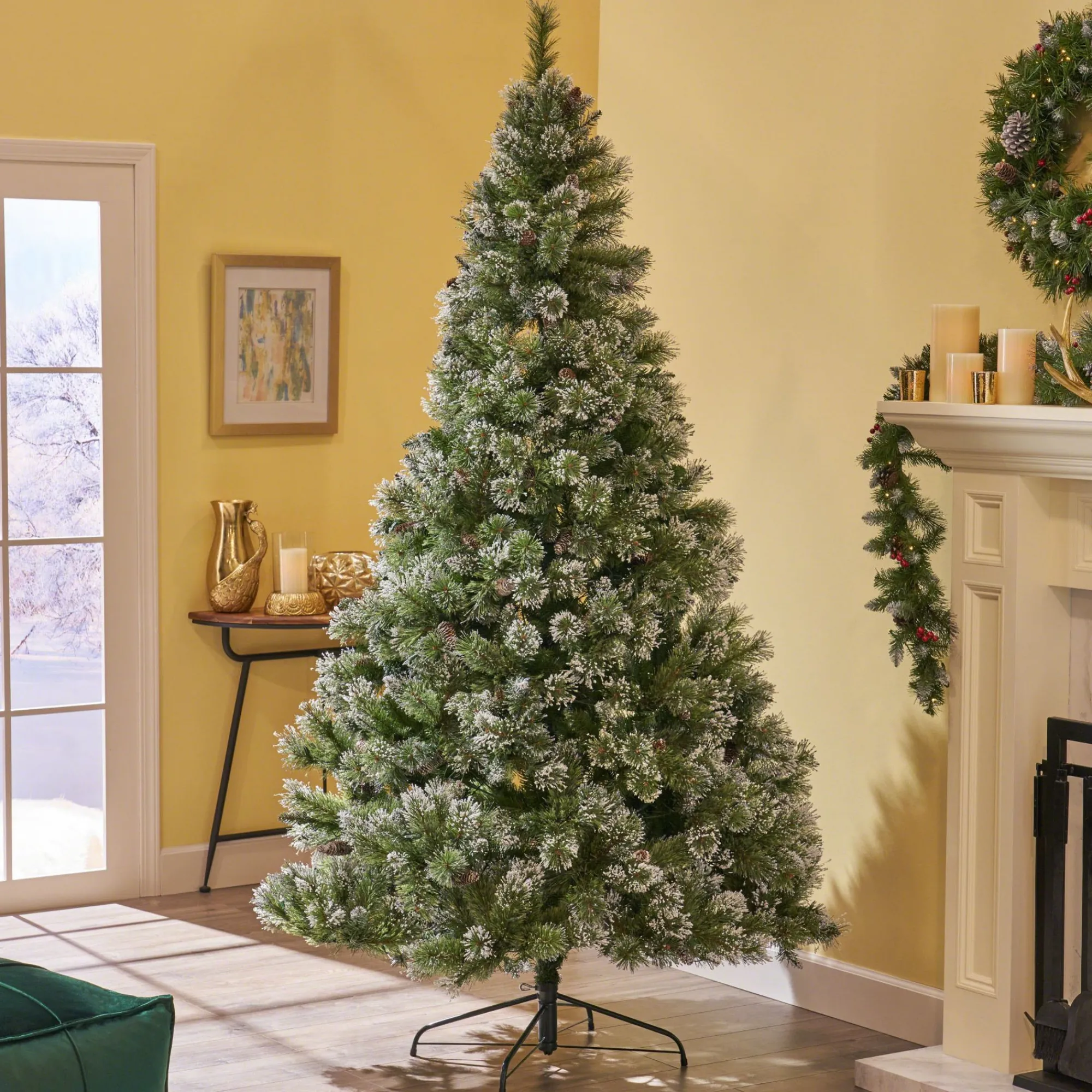 Contemporary Home Living Unlit-7' Medium Mixed Spruce Artificial Christmas Tree With Snow And Glitter Branches - Unlit