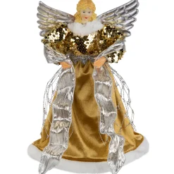 Northlight Angels-12" Metallic Bronze And Silver Sequined Angel Christmas Tree Topper, Unlit
