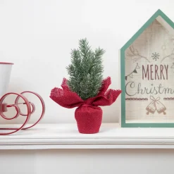 Northlight Unlit-8.5" Mini Pine Christmas Tree In Red Burlap Pot - Unlit
