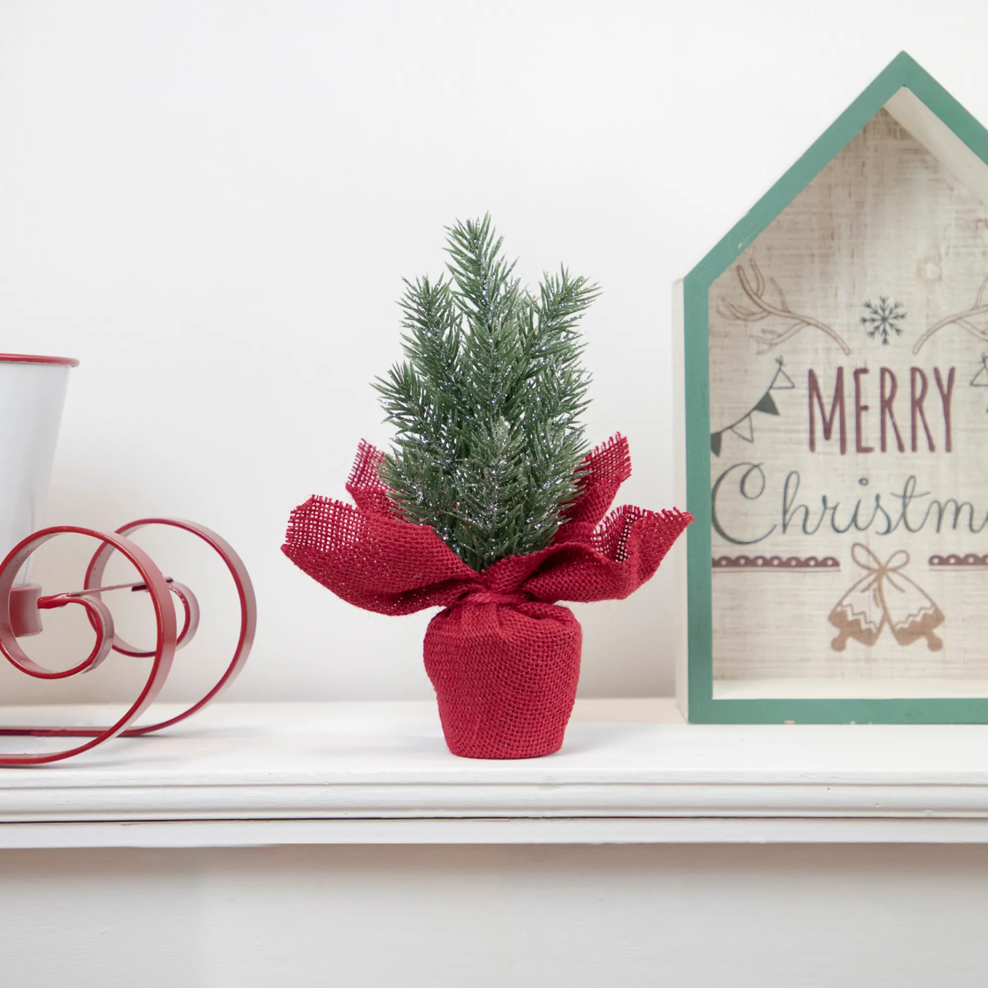 Northlight Unlit-8.5" Mini Pine Christmas Tree In Red Burlap Pot - Unlit