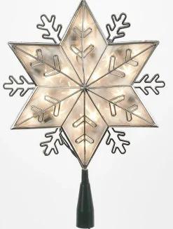 Kurt Adler Finials-6 Point Silver Snowflake Light Up Christmas Tree Topper Clear Lights Ul0159C New