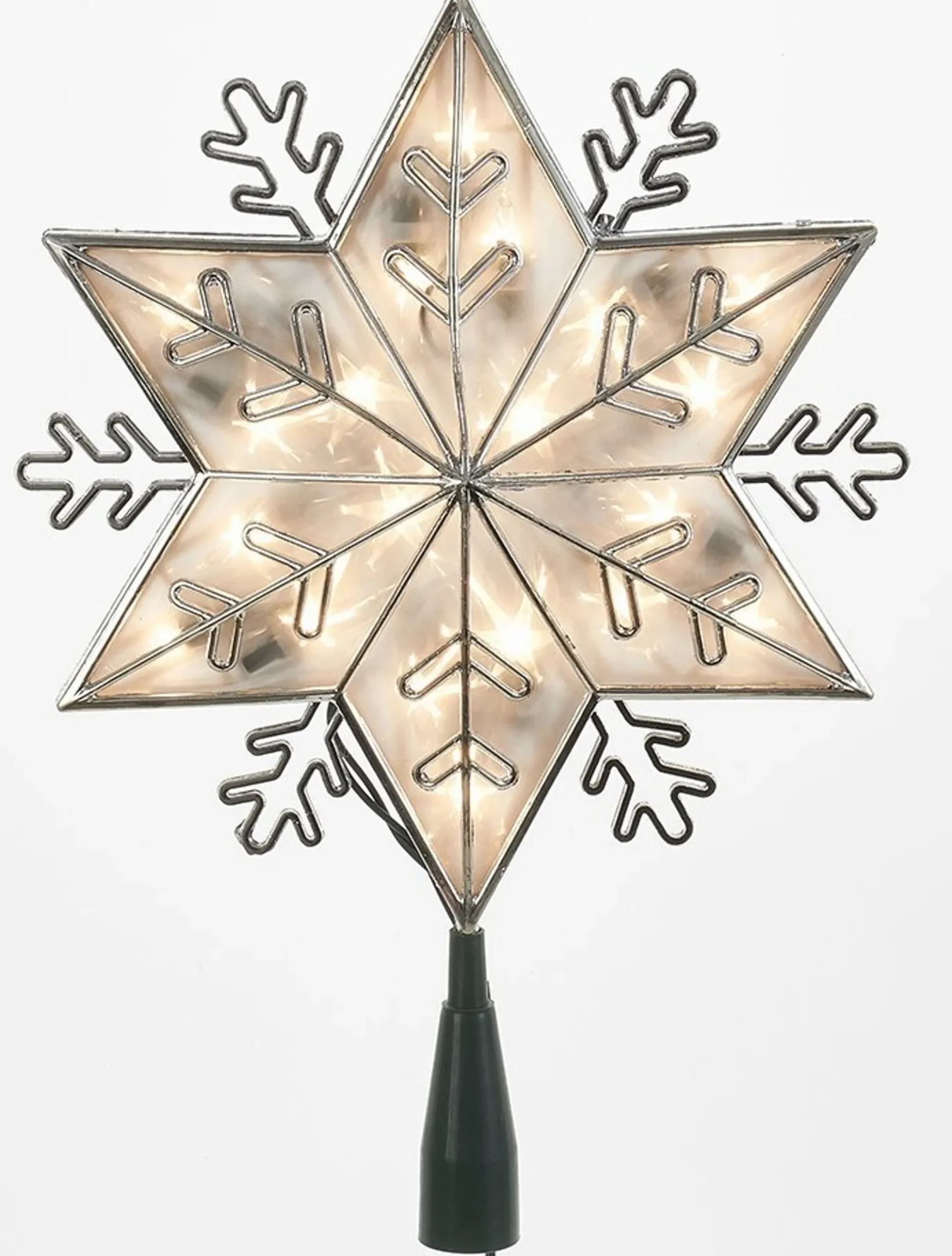Kurt Adler Finials-6 Point Silver Snowflake Light Up Christmas Tree Topper Clear Lights Ul0159C New