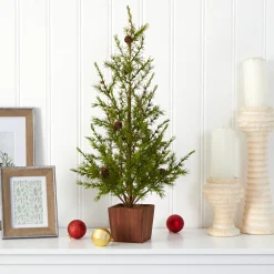 Nearly Natural Unlit-2.25' Potted Alpine With Pinecones Artificial Christmas Tree, Unlit