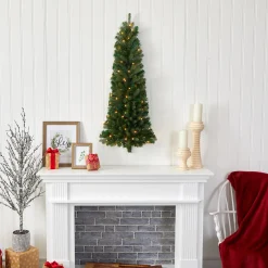 Nearly Natural Wall Trees-4' Pre-Lit Flat Back Pine Artificial Christmas Wall Tree, Clear Led Lights