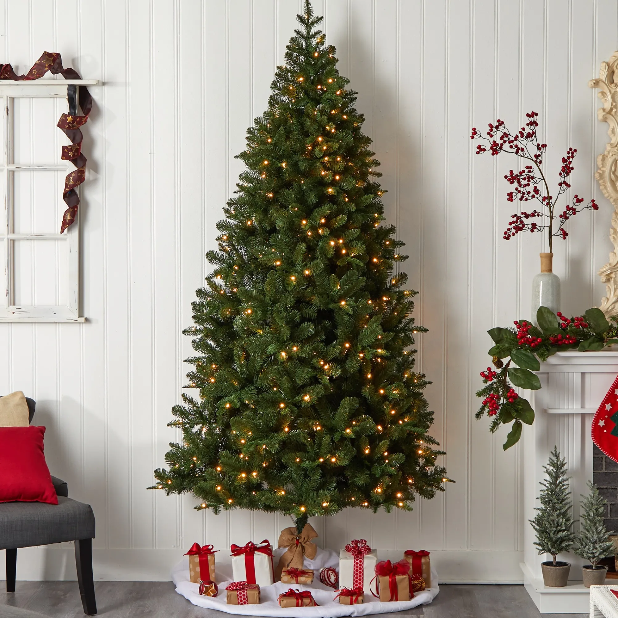 Nearly Natural Wall Trees-8' Pre-Lit Grand Teton Flat Back Artificial Christmas Wall Tree, Warm White Led Lights