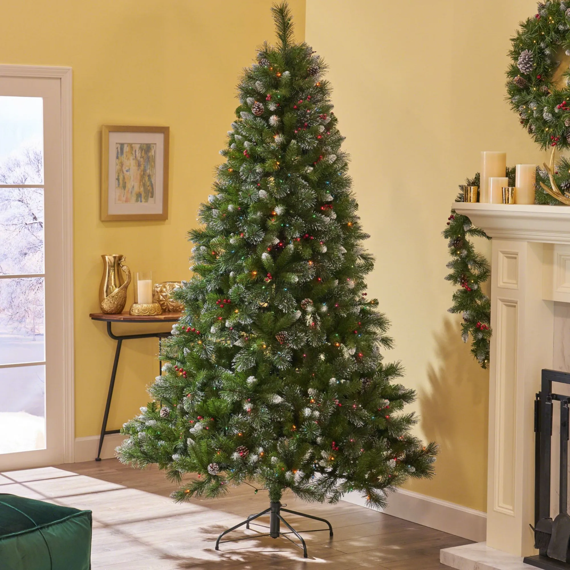 Contemporary Home Living Pre-Lit-7' Pre-Lit Medium Mixed Spruce Artificial Christmas Tree With Glittered Branches - Multicolor Lights